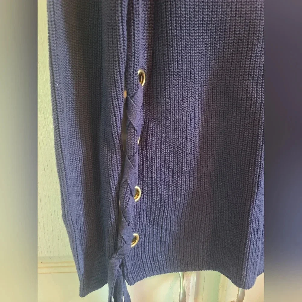 Michael Kors Blue Chunky Rib Knit Side Tie Long Sleeve Sweater